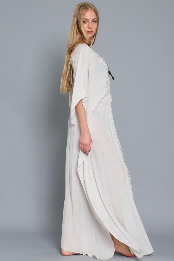 Kimono Lace Trim Neck Detail Tie Front Cover Up