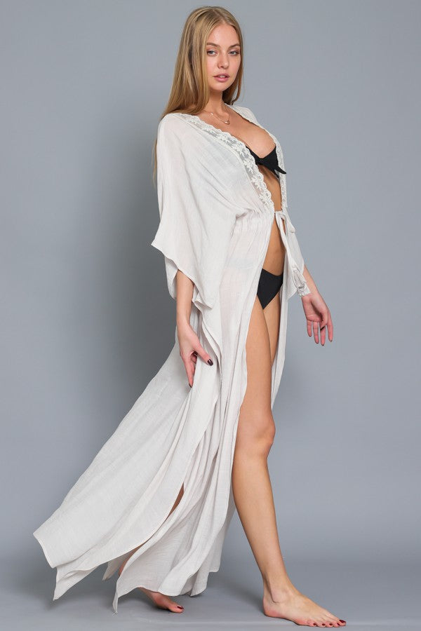 Kimono Lace Trim Neck Detail Tie Front Cover Up