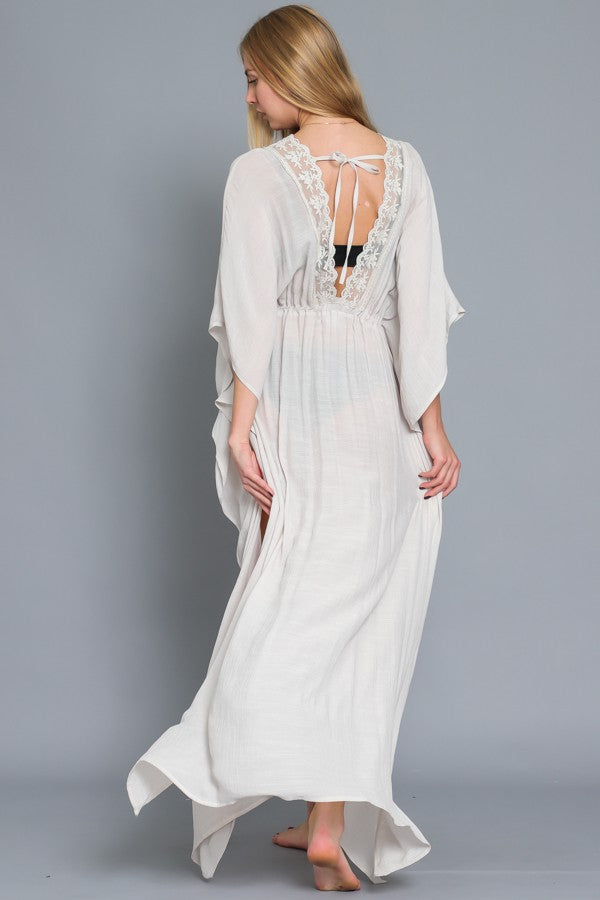 Kimono Lace Trim Neck Detail Tie Front Cover Up