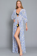 Kimono Sleeve Tie Front Waisted Maxi Cover Up Robe