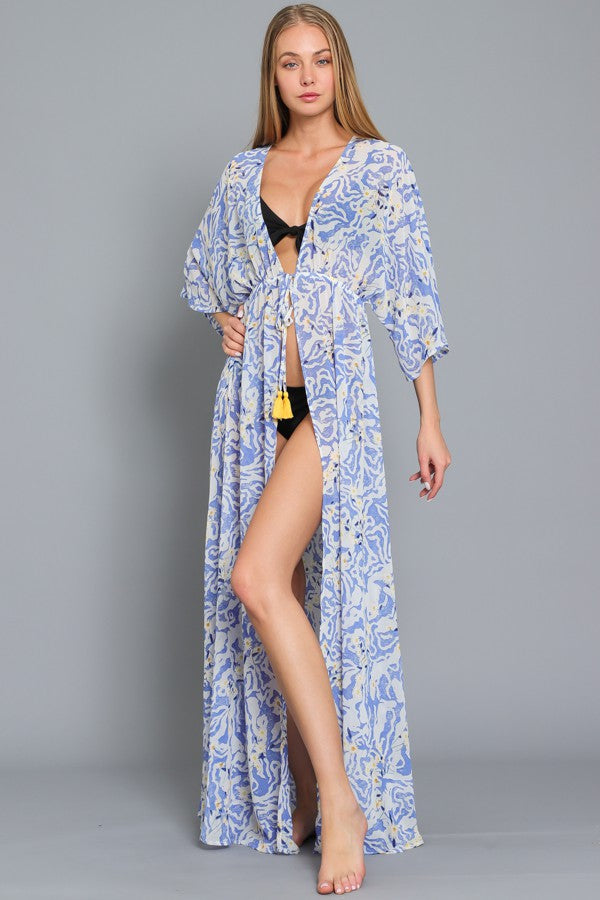 Kimono Sleeve Tie Front Waisted Maxi Cover Up Robe