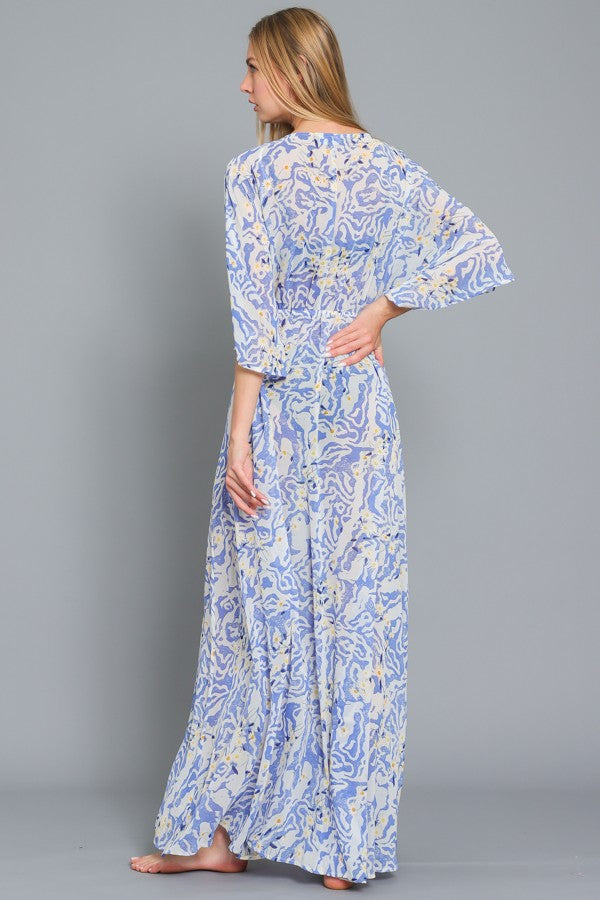 Kimono Sleeve Tie Front Waisted Maxi Cover Up Robe