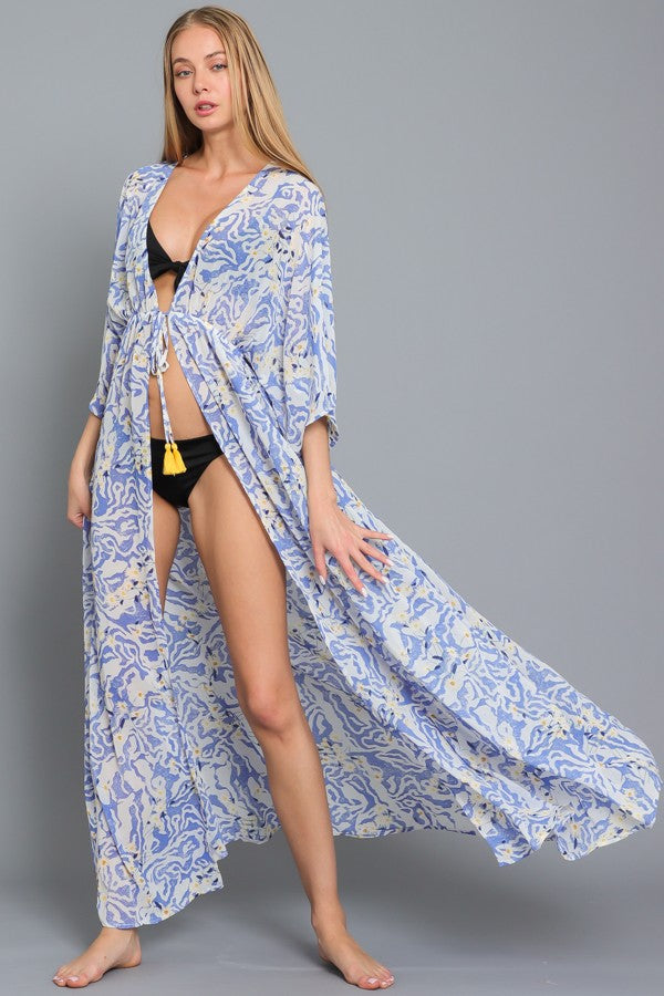 Kimono Sleeve Tie Front Waisted Maxi Cover Up Robe