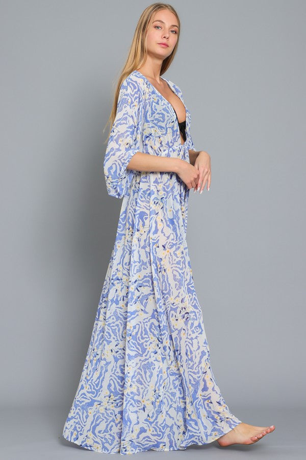 Kimono Sleeve Tie Front Waisted Maxi Cover Up Robe